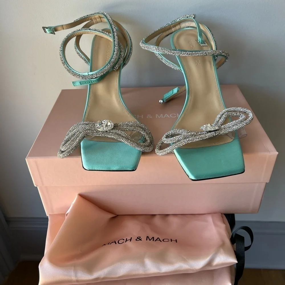 MACH & MACH Double Crystal Bow Square Toe Sandal Mint - Picture 6 of 14